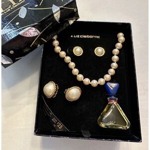 Vtg LIZ CLAIBORNE Faux Pearl Choker Clip Earrings Set Gold Tone & Perfume Mini